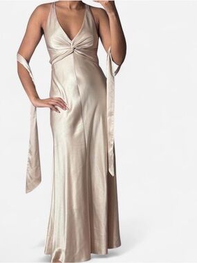 BCBGMaxAzria Champagne Satin Twist-Front Maxi Dress